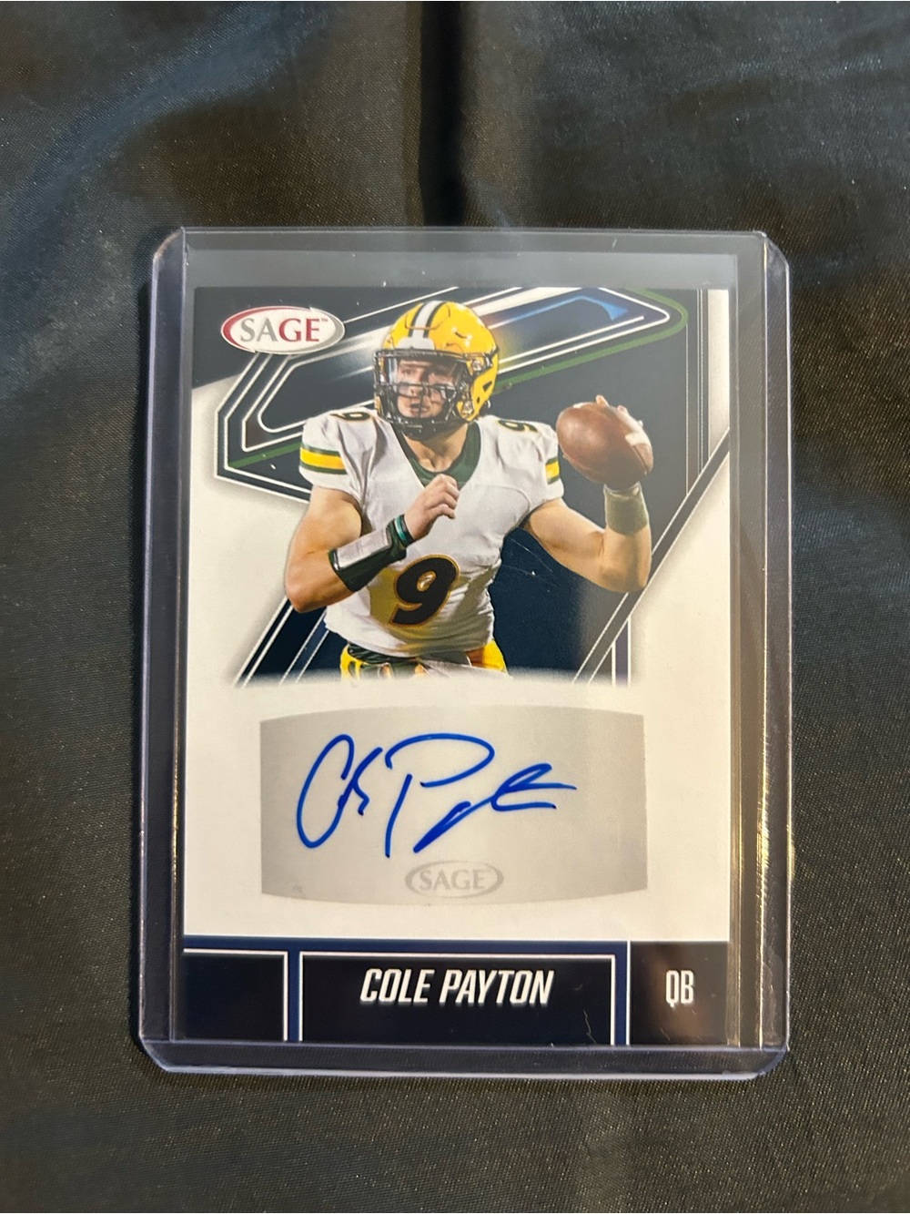 Sage Football Trading Card with Blue and Yellow Design